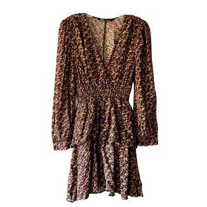 Zara Dress Women Small‎ Deep V-Neck Floral Earthy Smocked Waist Long Sleeve Boho